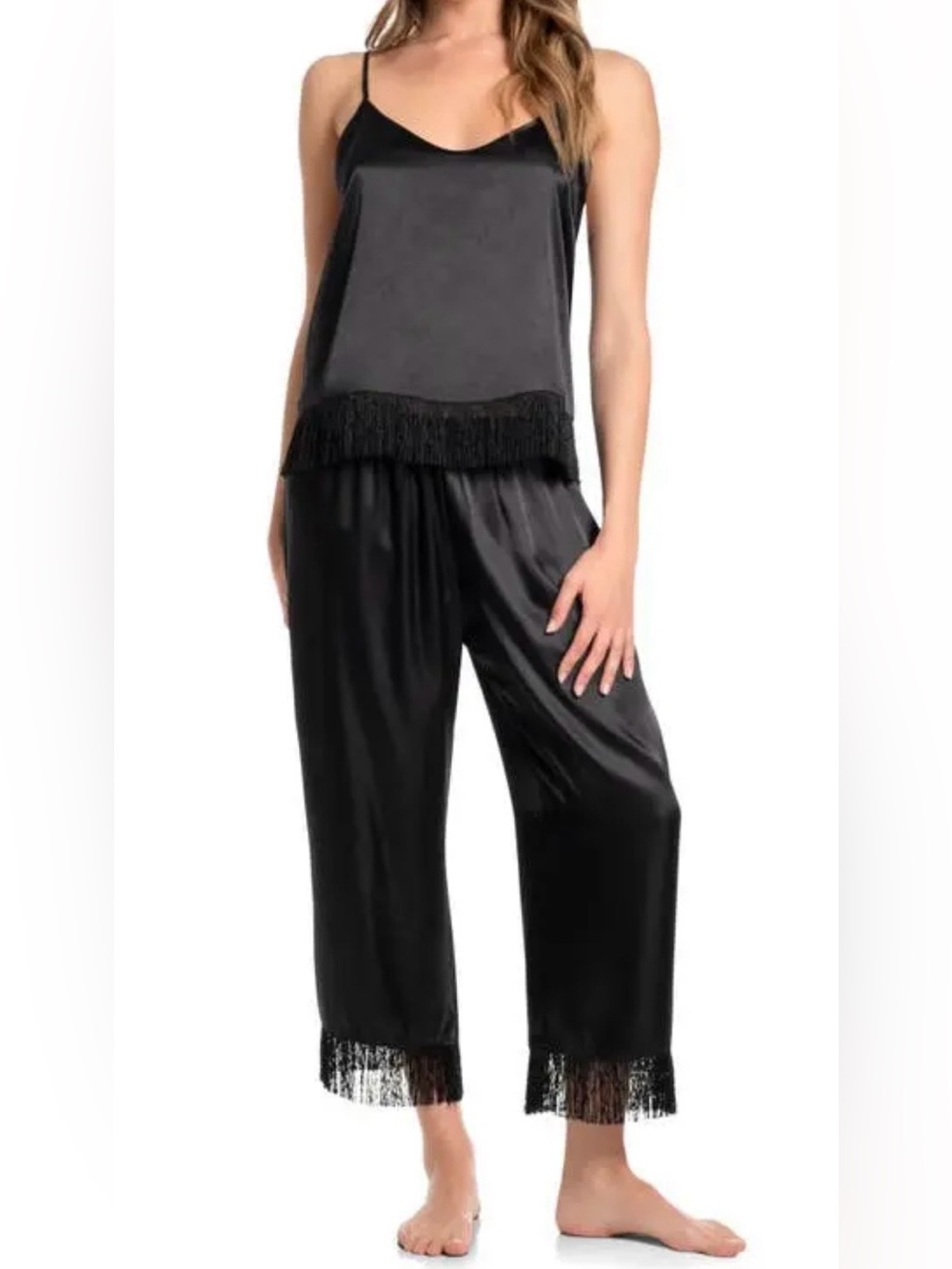 On Bloom By Jonquil Black Satin Fringe Pajamas Size XL NEW